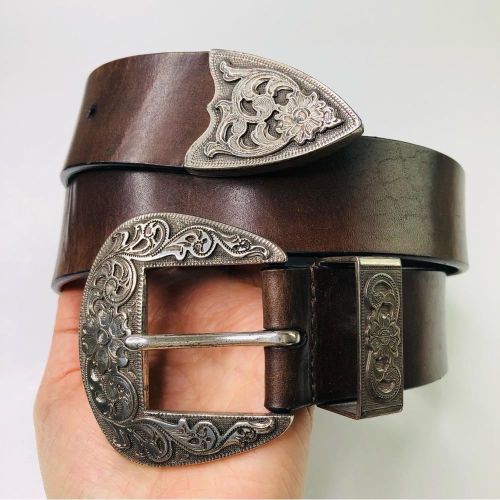 Silpada Designs Genuine Italian Brown Leather Belt M Silver Metal Buckle Cowboy